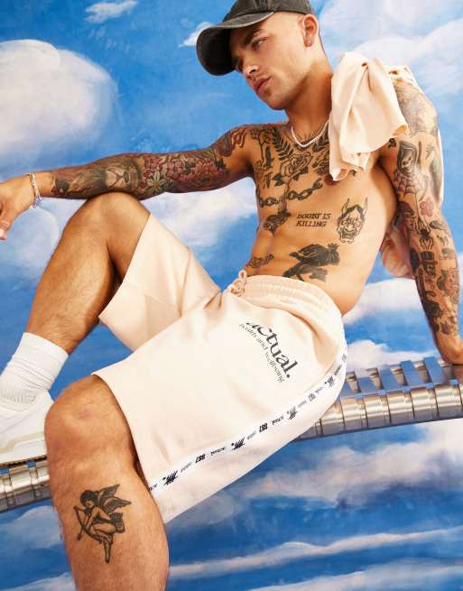 ASOS Actual relaxed shorts with taping detail and logo print in neutral (part of a set)
