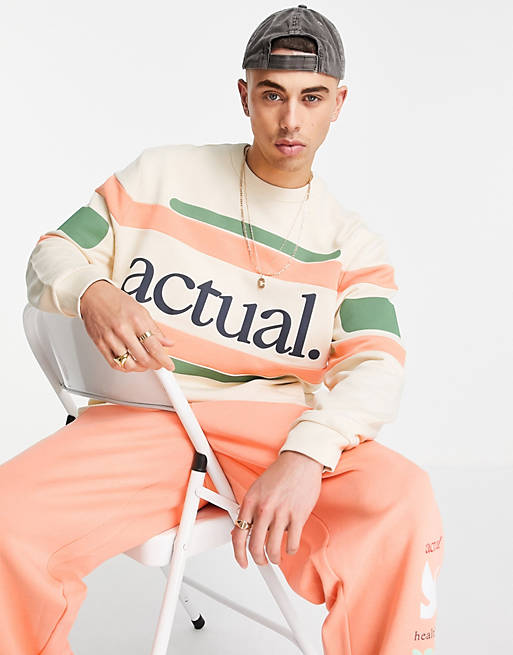 ASOS Actual relaxed sweatshirt with colour block and chest logo print in ecru