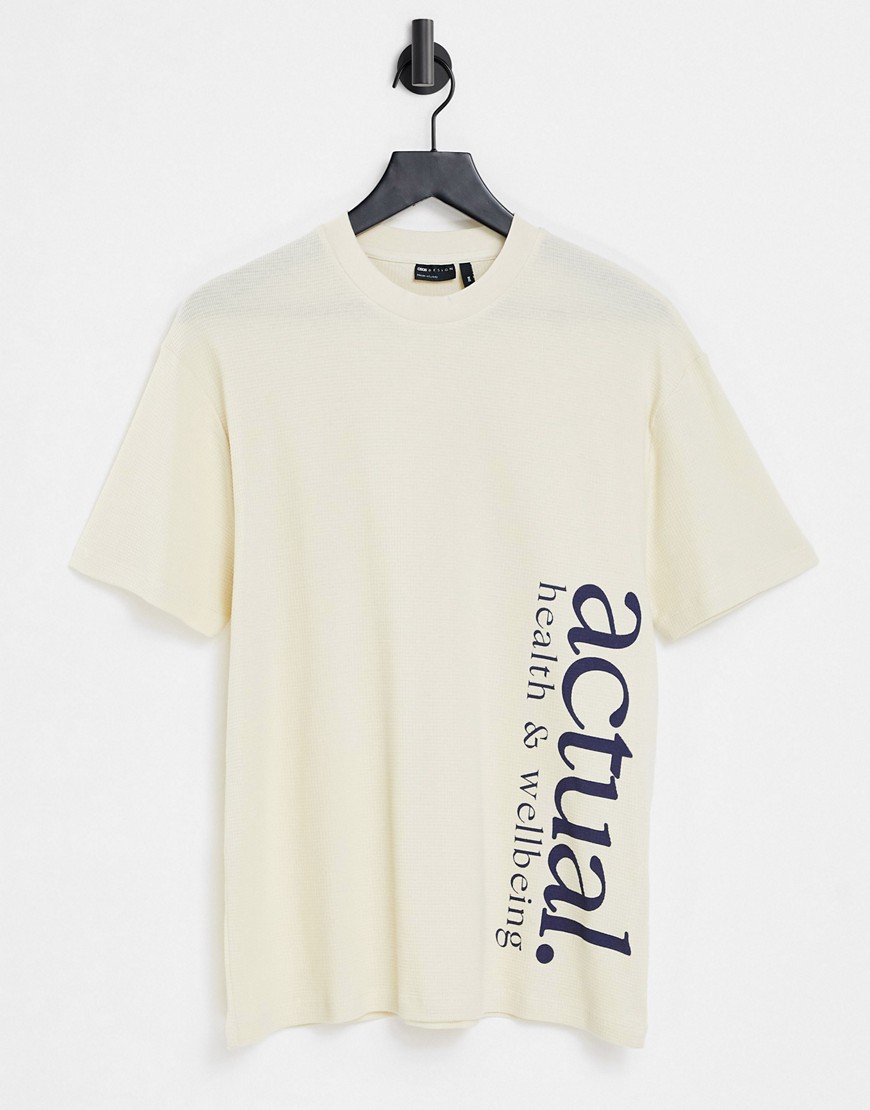 ASOS Actual relaxed T-shirt in lightweight waffle texture with logo print in ecru - part of a set-Neutral