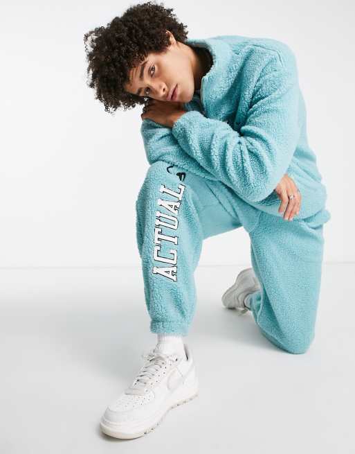 ASOS Actual relaxed trackies in borg with logo embroidery in light blue (part of a set)