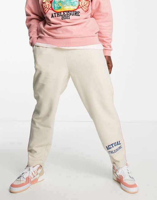 ASOS Actual relaxed trackies in polar fleece with piping and logo in ecru (part of a set)