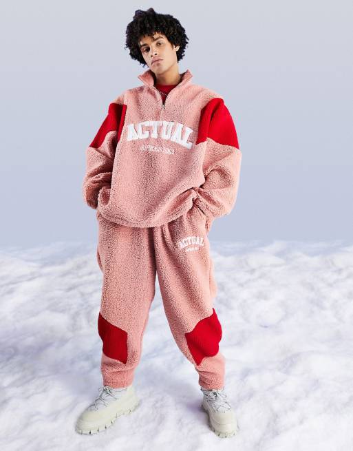 ASOS Actual relaxed trackies in teddy borg chevron colour block in rose (part of a set)