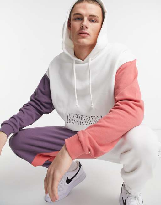 ASOS Actual set oversized hoodie with logo embroidery in white color block
