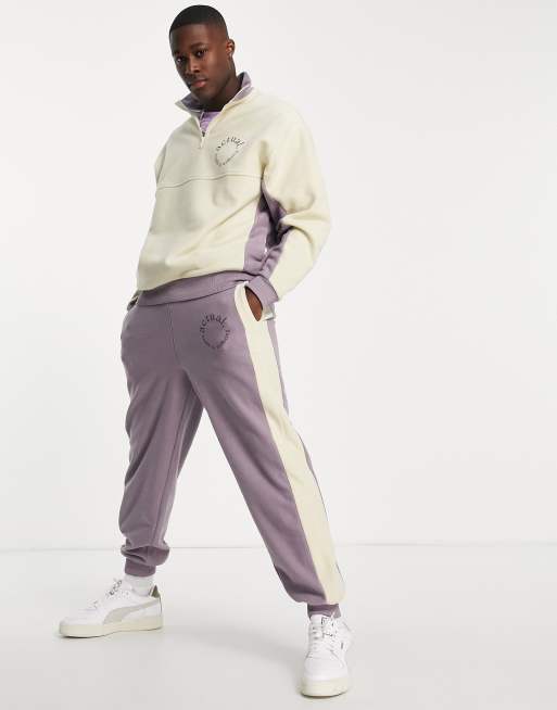 ASOS Actual set relaxed sweatpants in polar fleece with color block panels in purple