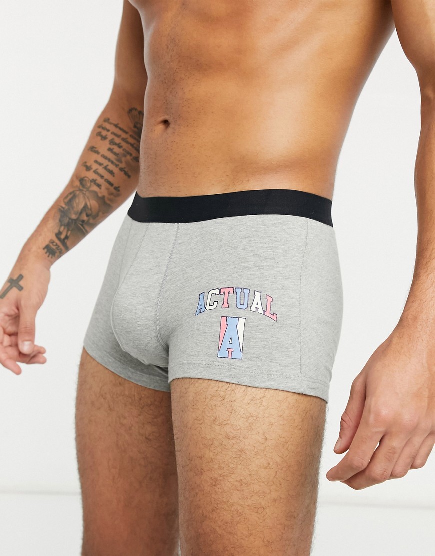 Asos Actual Short Trunks In Gray Heather With Logo Print-grey