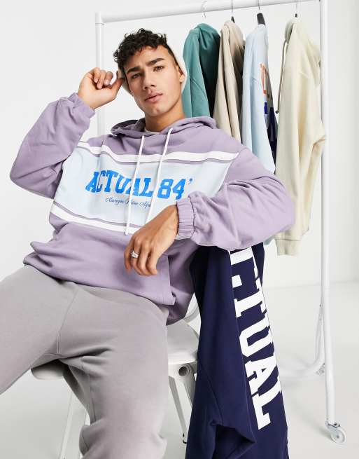 ASOS Actual - Sweat à capuche oversize avec empiècement color block sur le devant et logo imprimé - Violet