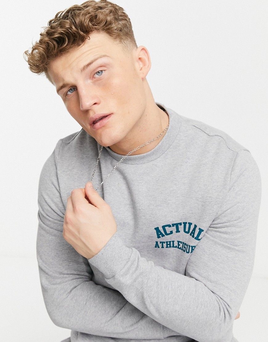ASOS Actual sweatshirt with green athleisure logo chest print in heather gray-Grey
