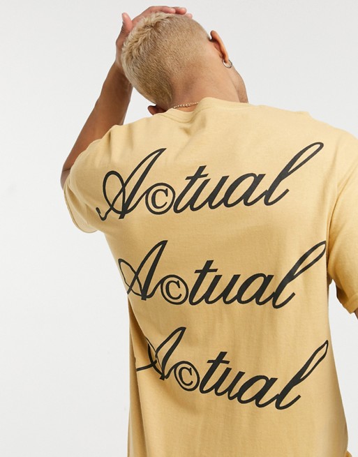 ASOS Actual t-shirt with back logo print in mustard