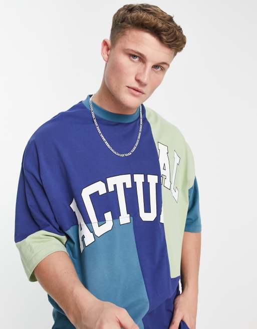 ASOS Actual - T-shirt oversize blu colorblock con logo stampato