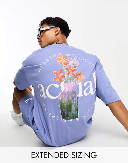 ASOS Actual - T-shirt oversize blu con stampa di fiori stile acquerello in coordinato