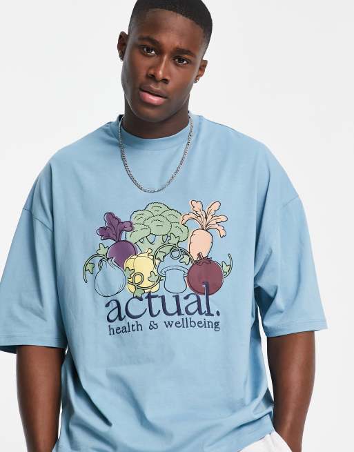 ASOS Actual - T-shirt oversize con stampa grafica sul davanti, colore blu in coordinato