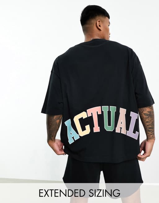 ASOS Actual - T-shirt oversize nera con logo in colori arcobaleno in coordinato