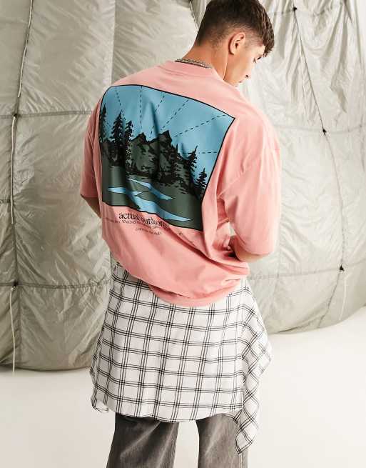 ASOS Actual - T-shirt oversize rosa con stampa di paesaggio multicolore