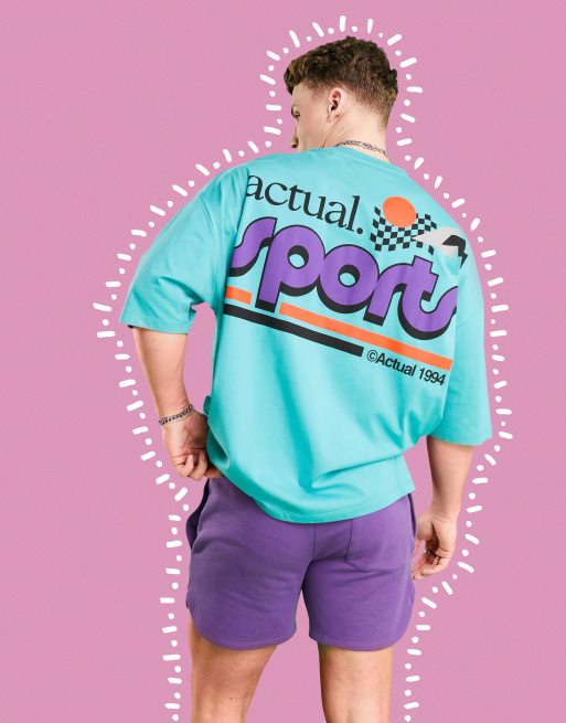 ASOS Actual - T-shirt oversize verde-azzurro con stampa grafica sul davanti e sul retro in coordinato