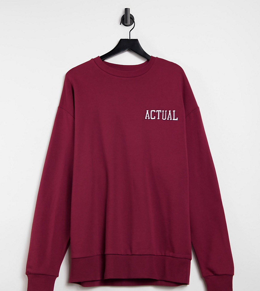 ASOS Actual Tall oversized sweatshirt in burgundy with embroidered logos