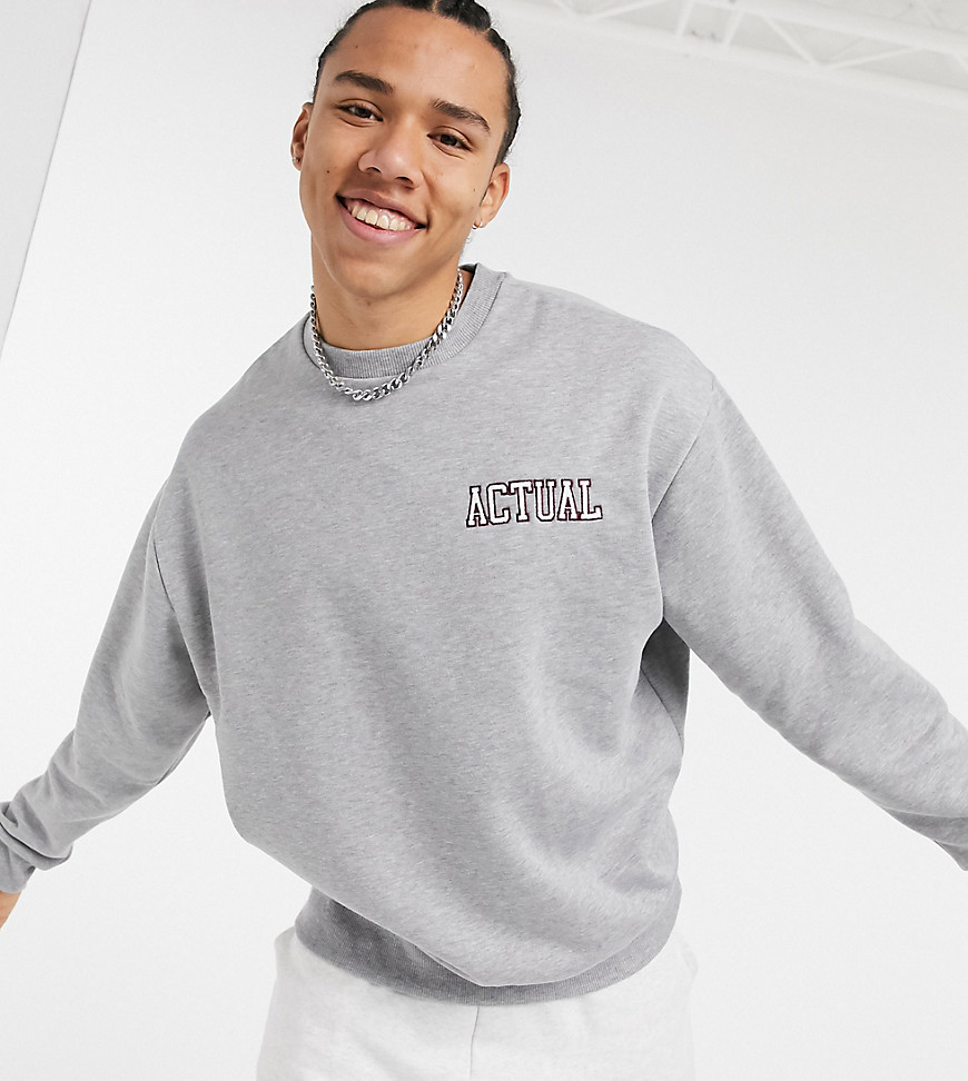 ASOS Actual Tall oversized sweatshirt in gray marl with embroidered logos-Grey