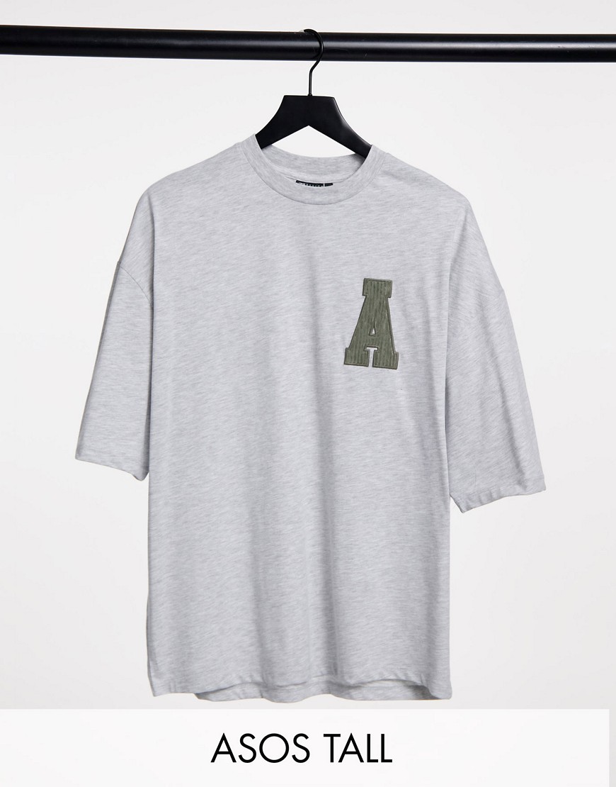 ASOS Actual Tall oversized T-shirt in gray with corduroy applique logo-Grey