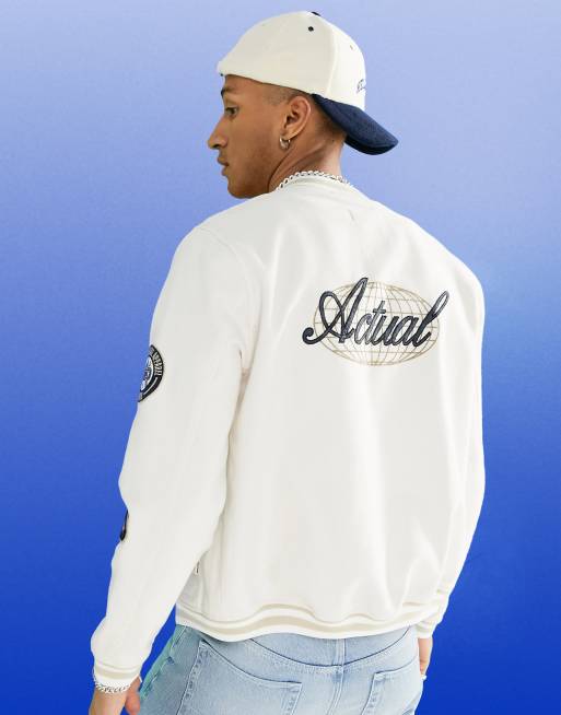 ASOS Actual varsity denim bomber jacket in ecru with badging | ASOS