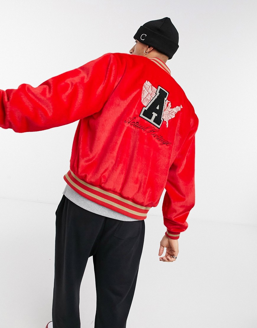 ASOS Actual varsity jacket in red faux fur with badging