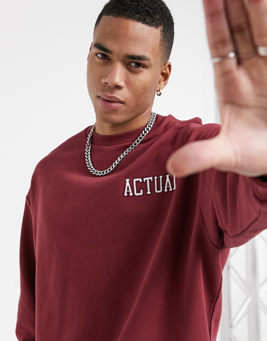 ASOS Actual – Vinröd sweatshirt i oversize med broderad logga