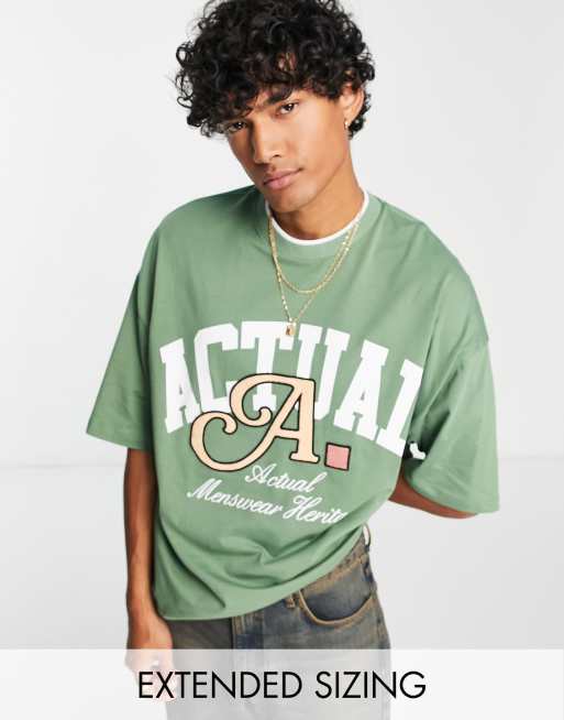 ASOS Actual – Zielony T-shirt oversize z tkaniny frotté z logo i lamówką przy dekolcie