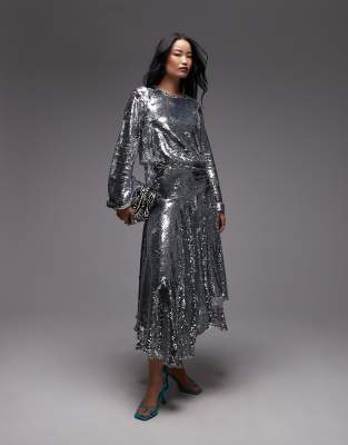 ASOS ARCHIVE all-over sequin embellished long sleeve dropped waist maxi dress in silver