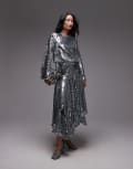 [ASOS DESIGN] ASOS ARCHIVE all over sequin embellished long sleeve dropped waist maxi dress in silver 10 SILVER