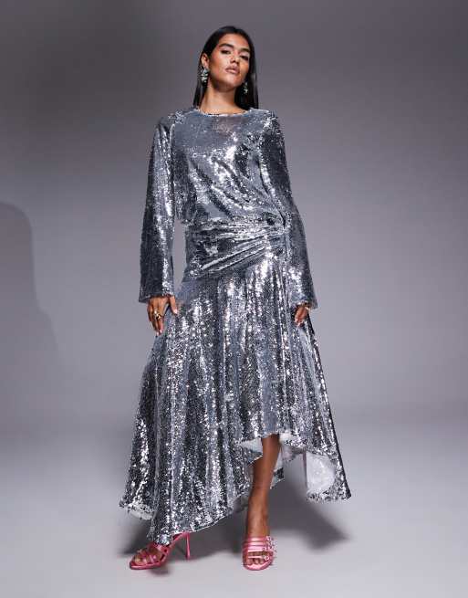 ASOS ARCHIVE all-over sequin embellished long sleeve dropped waist maxi in silver