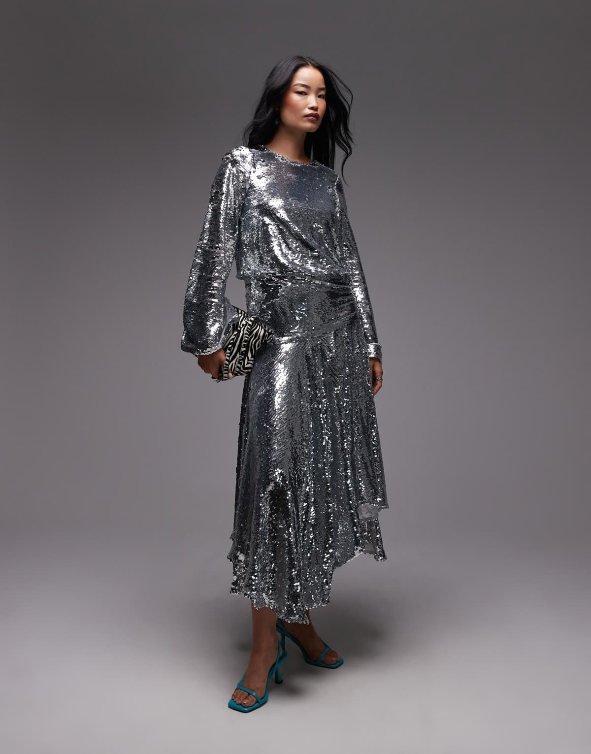 ASOS ARCHIVE allover sequin embellished long sleeve dropped waist maxi in silver