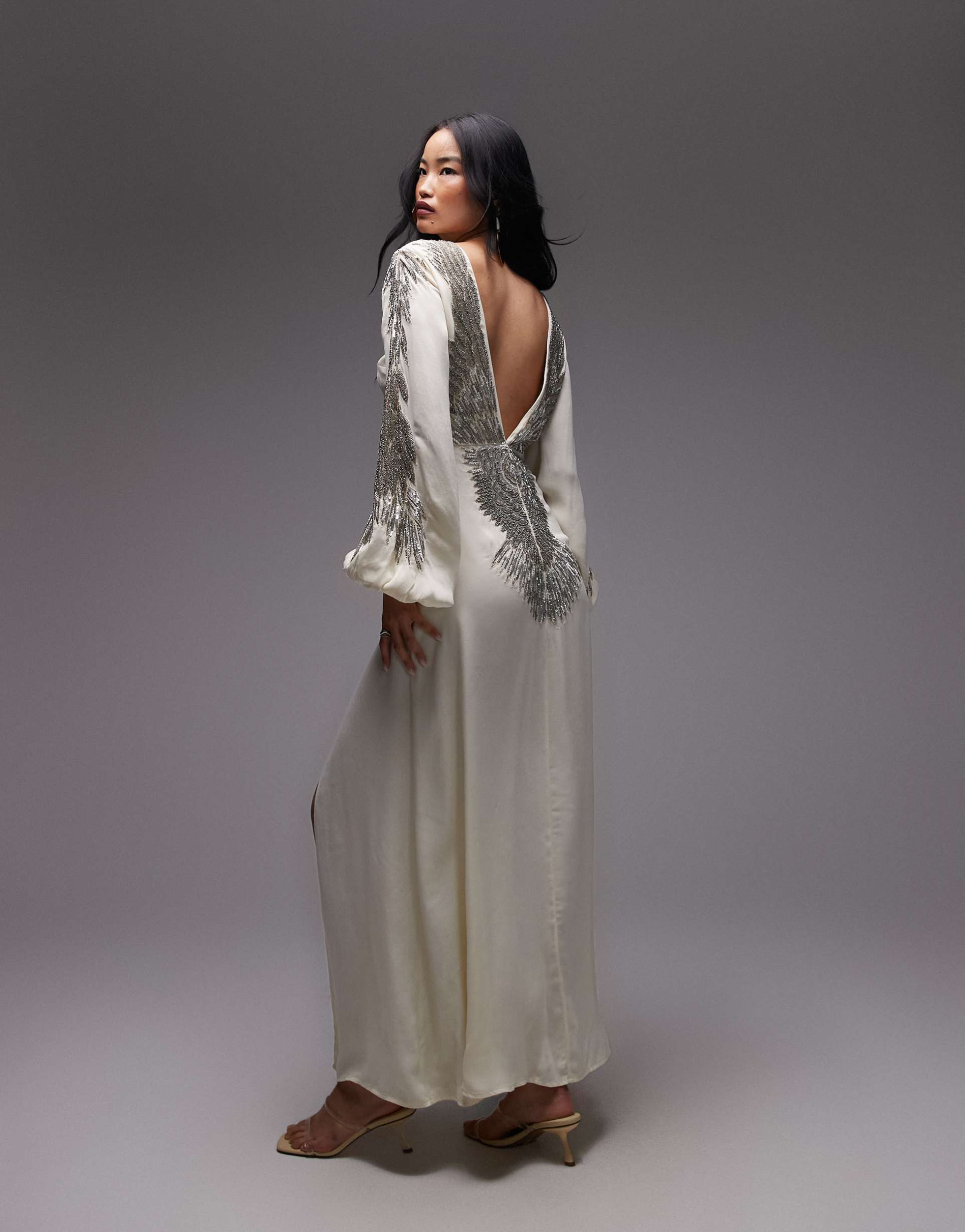 asos archive blouson mid dress with wing embellished back in buttermilk