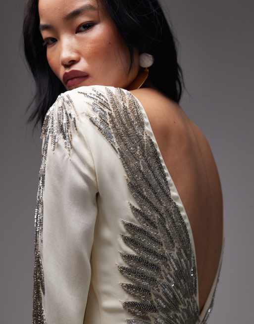 ASOS ARCHIVE blouson mid dress with wing embellished back in buttermilk
