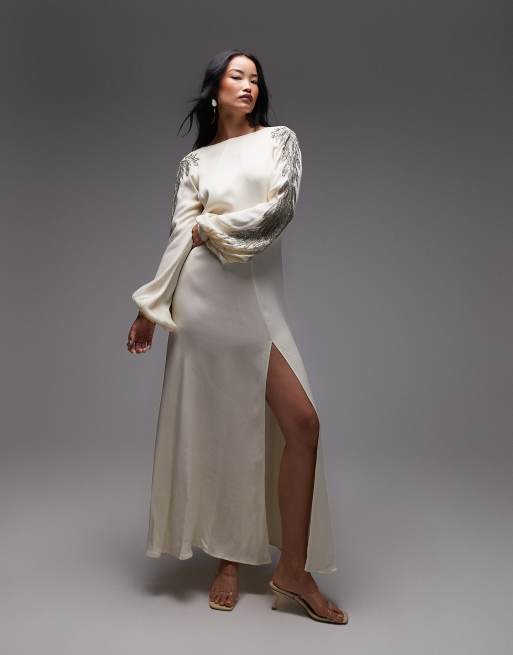 ASOS ARCHIVE blouson mid dress with wing embellished back in buttermilk