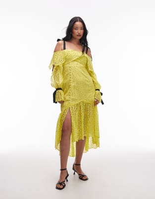 ASOS DESIGN ASOS ARCHIVE floral broderie midi dress with grosgrain straps in lime green