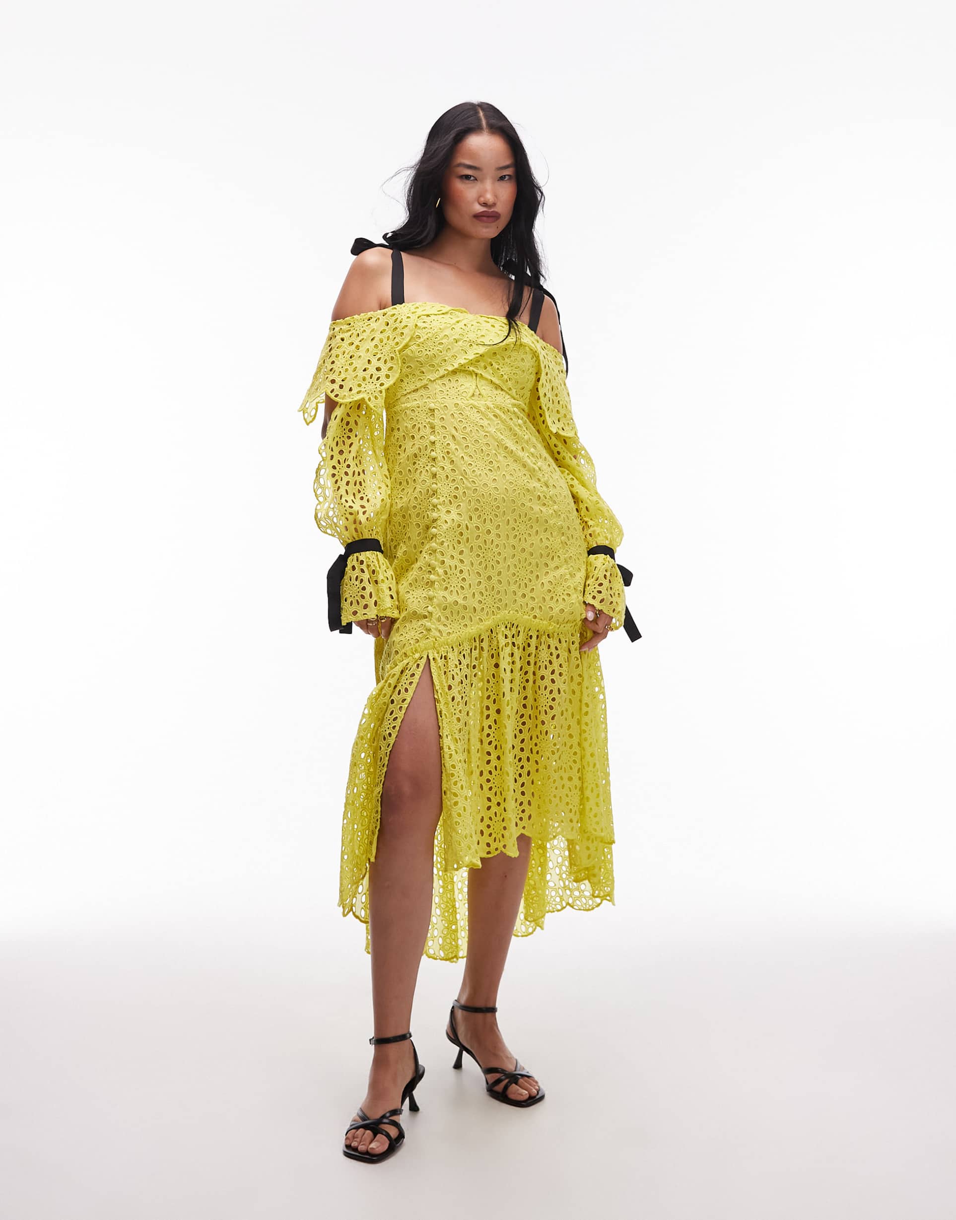 asos archive floral eyelet midi dress with grosgrain straps in lime green