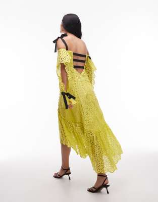 Asos Design Asos Archive Floral Eyelet Midi Dress With Grosgrain Straps In Green
