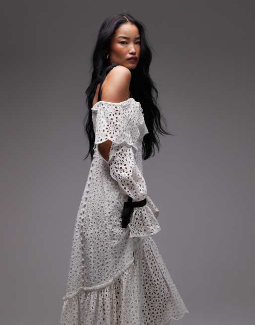 ASOS ARCHIVE floral eyelet midi dress with grosgrain straps in white
