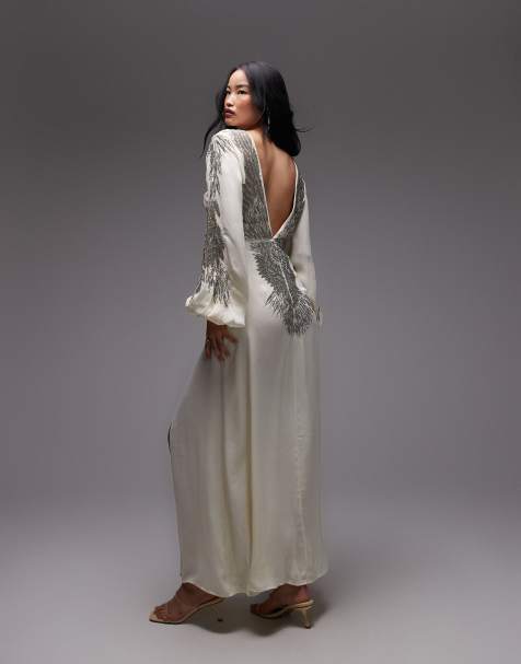 ASOS ARCHIVE blouson mid dress with wing embellished back in buttermilk