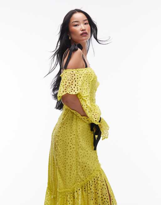 ASOS ARCHIVE – Limegrön midiklänning med blommigt broderi och grosgrain-axelband, 3 av 4