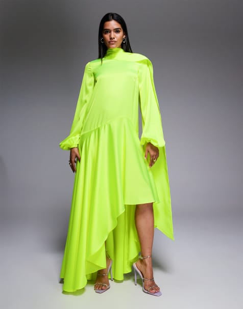 ASOS ARCHIVE - Maxi jurk van satijn met verlaagde taille en sjaaldetail in limoengroen - view 1