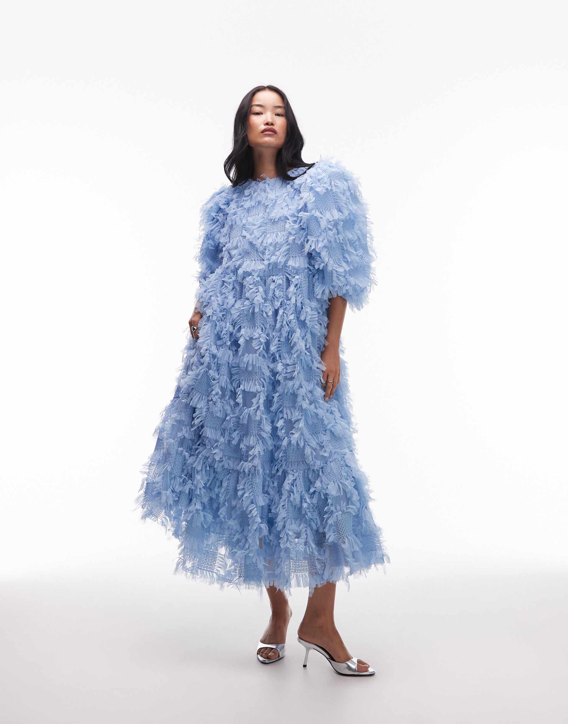 asos archive oversized textured mesh midaxi dress in blue