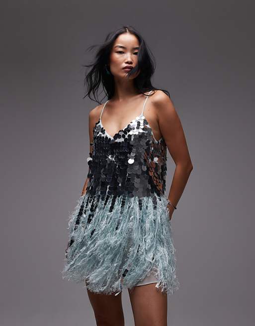 sequin and feather dress Sarah Maxi and a short skirt with feathers to add more drama to your look Long Sleeve Feather Sequin Dress
