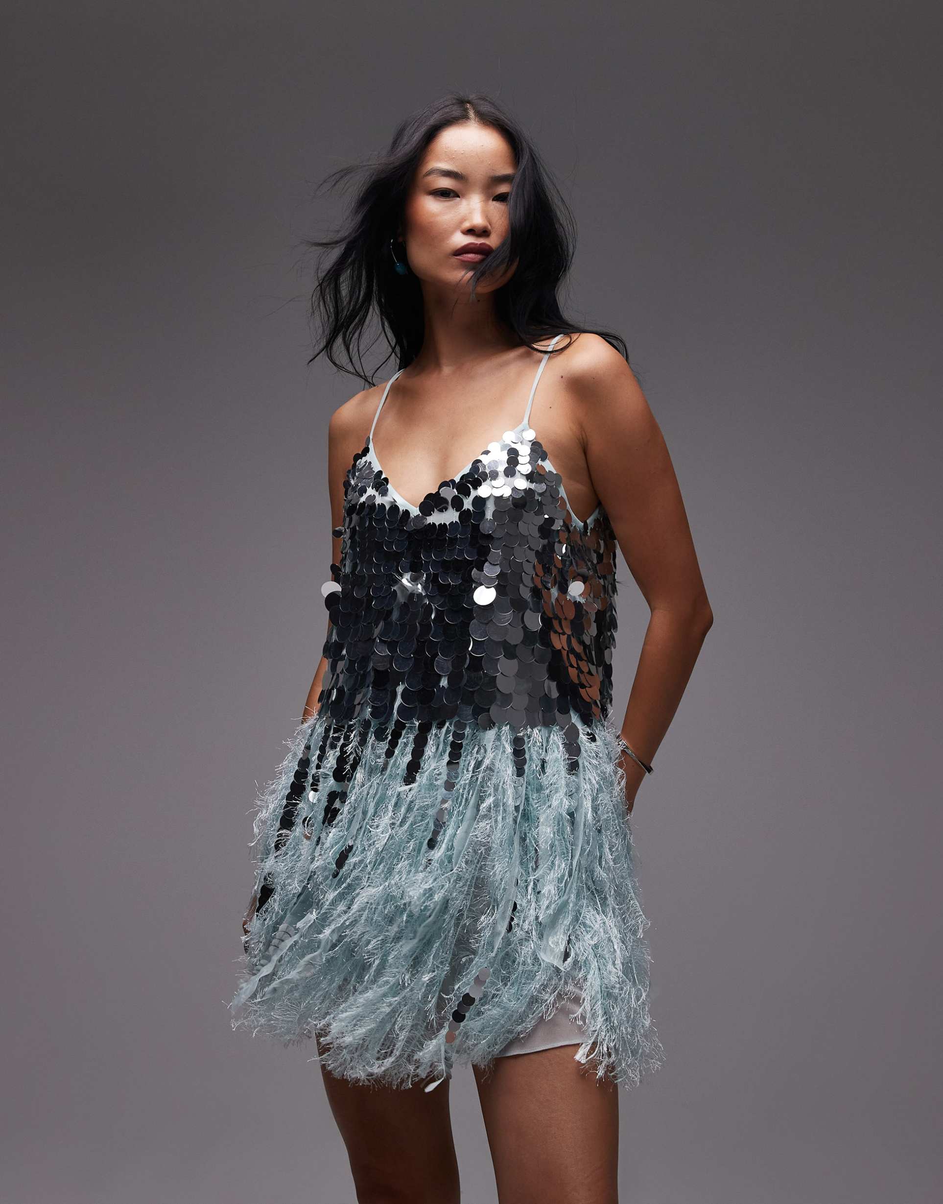 asos archive paillette sequin mini dress with faux feather hem in blue