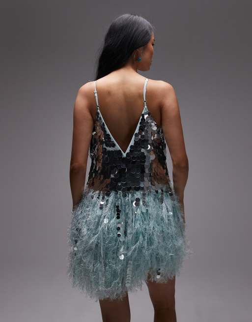 ASOS ARCHIVE paillette sequin mini dress with faux feather hem in blue 