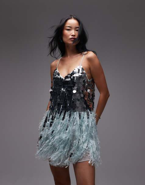 ASOS - ARCHIVE - Robe courte à sequins et à paillettes avec ourlet à plumes synthétiques - Bleu - view 1