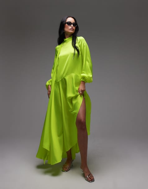 ASOS ARCHIVE satin maxi dress with dropped waist and scarf detail in lime - view 1