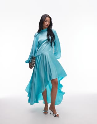 Asos Design Asos Archive Satin Maxi Dress With Dropped Waist And Scarf Detail In Blue