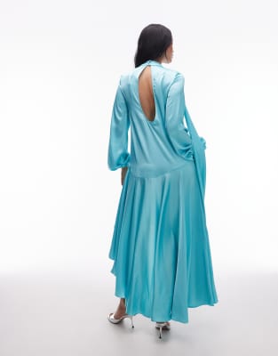Asos Design Asos Archive Satin Maxi Dress With Dropped Waist And Scarf Detail In Blue