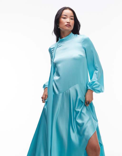 ASOS ARCHIVE satin maxi dress with dropped waist and scarf detail in turquoise