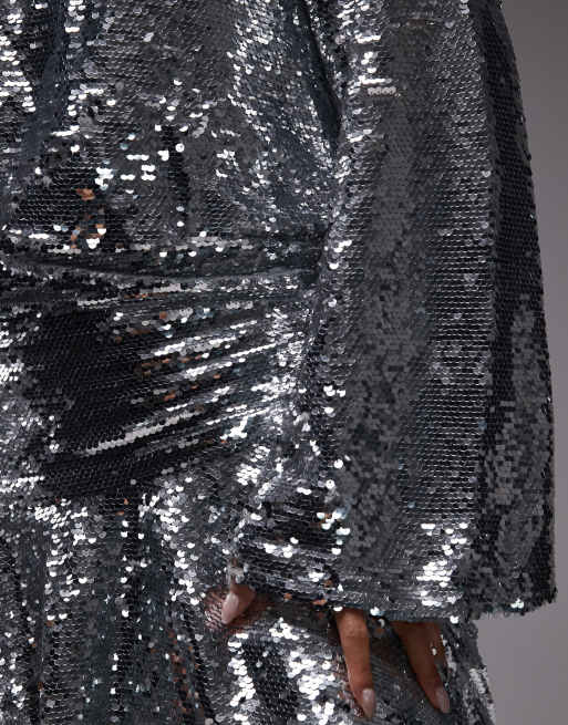 ASOS ARCHIVE – Silverfärgad maxiklänning med heltäckande paljetter, långa ärmar och sänkt midja, 4 av 4