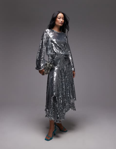 ASOS ARCHIVE - Vestito lungo color argento a maniche lunghe con vita scesa e paillettes - view 1